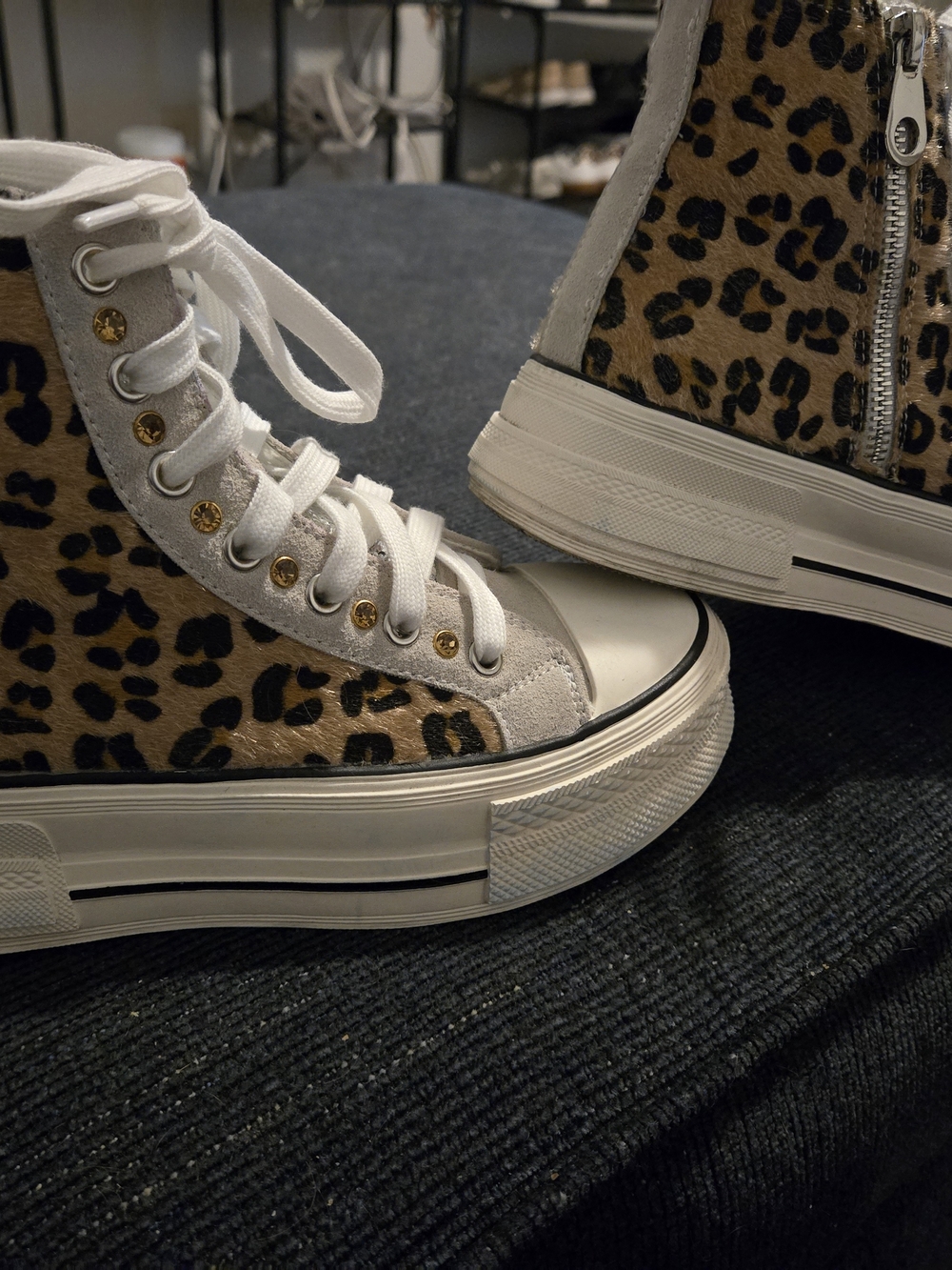 Leopard Print High-Top Platform Sneakers - White & Tan